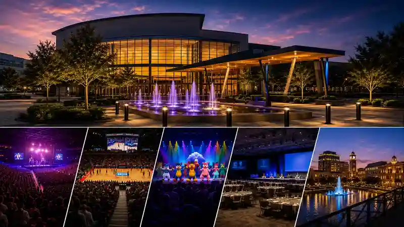 Smart Financial Centre in Sugar Land, Texas with illuminated modern architecture, event spaces, concert venue interiors, conference setups, family entertainment shows, and nearby waterfront attractions during an evening event atmosphere.